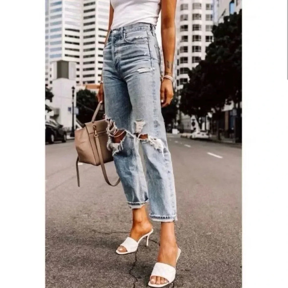 GOLDE 90's Mid Rise Loose Fit Cotton Ripped Leg Jeans - Picture 1 of 14